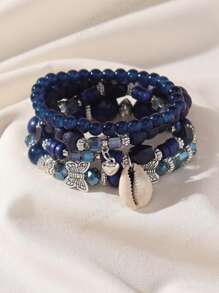 4 Peças Conjunto de Pulseira com Contas de Vidro, Contas de Madeira e Pingente de Concha em Estilo Boho para Praia e Férias, Joia Casual e Versátil para Mulheres