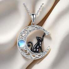 Fashionable Simple Moonlight Stone Moon Star Black Cat Pendant Necklace Women's Sterling Silver Holiday Gift Jewelry Creativity Suitable For Daily Clothing - Moonlight Cat Necklace - View 2