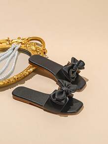 Girls' Bow Decor Fashion Square Toe Flat Slide Sandals