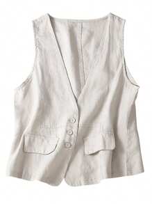 Women's Solid Color Tank Tops Linen Button-Down Sleeveless V-Neck Summer Casual Vest - White - View 1