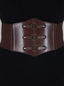 1pc Women's Coffee Brown Fashion PU Leather Elastic Corset Belt With Round Ring Decor, Versatile For Halloween, Renaissance Outfit - Coffee Brown - View 2