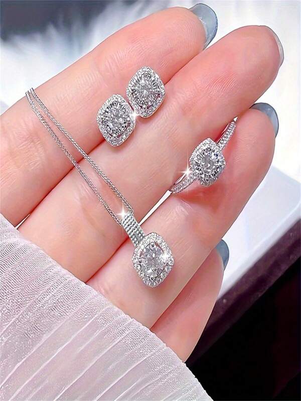 3pcs Fashionable Jewelry Set With Square Cubic Zirconia - Necklace, Ring And Earrings - Silver Plated, Ideal For Weddings And Gifts