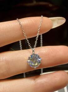 1pc 3 Carat S925 Sterling Silver Moissanite Necklace, Classic 4-Prong Pendant Necklace, Promise Necklace, Eternal Necklace, Luxury & Elegant Jewelry Gift For Women, Anniversary/Bridal Gift