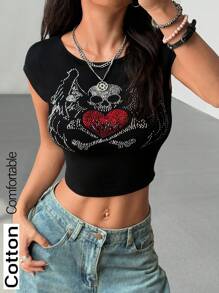 J-Fashion Goth Lady Personalized Skull Heart Wings Hot Drill T-Shirt - Black - View 1