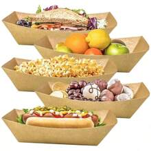 Yocity 30/50pcs Kraft Paper Food Trays Heavy-Duty Paper Food Boat Disposable Serving Basket Tray For French Fries Nachos Snack Hot Dog Taco BBQ Popcorn Party Picnic Wedding Party Brown