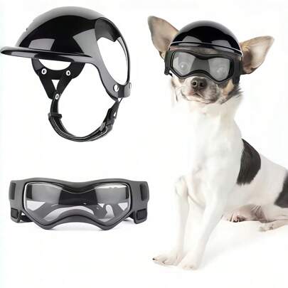 Pet Helmet & UV Protection Goggles Set - Windproof Pet Hat And Pet Sunglasses Combo, Outdoor Motorcycle Helmet Hat And Glasses Accessories For Dogs And Cats