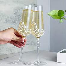 2pcs Elegant Pearl & Crystal Champagne Glasses - Handmade Calligraphic Design Transparent Glassware, Suitable For Weddings, Engagements, Valentine's Day, Mother's Day, Christmas, And Anniversary Gifts - Ideal For Family Gatherings, Parties And Special Occasions | Classic Champagne Flutes