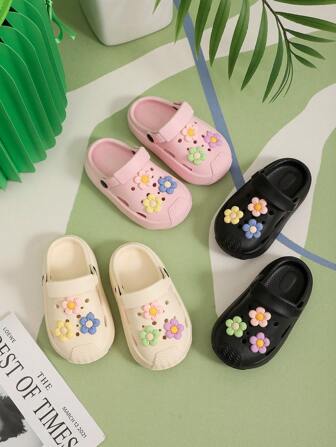 全新夏季儿童厚防滑柔软卡通彩色花朵装饰儿童凉鞋舒适户外沙滩拖鞋