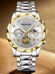 1 pieza Reloj de pulsera de cuarzo para hombres con correa de acero inoxidable, diseño de fase lunar, elegante y