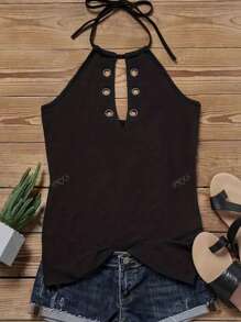 Summer New European & American Curved Black Casual Vacation Fashionable Hollow-Out Halter Neck T-Shirt