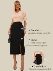 Linen Midi Skirt With Discreet Pockets, Side Slit And Sophisticated Flap - 黑色 - 查看 5