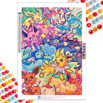 pokemon 5D DIY Diamant Malerei Set - Cartoon, Animation, Pokemon - Pikachu, Evoli, runde Acryl Kristalle, Leinwand Bastelset, Diamant Malerei, Dekoration für Zuhause, Sammlerstück, ideales Geschenk für Familie und Freunde