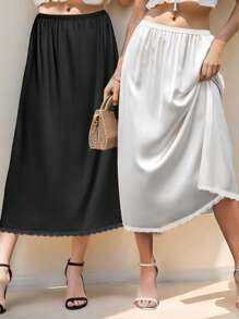 QING ROU 1pc/2pcs Women Satin Contrast Lace Lining Skirt, New Anti-Sheer Anti-Flashing Ruffle Hem A-Line Slip Skirt, Matching Outfit