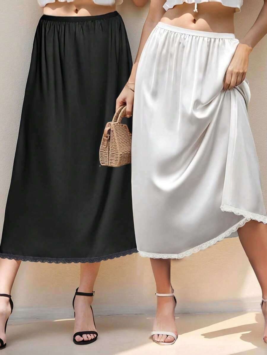 QING ROU 1pc/2pcs Women Satin Contrast Lace Lining Skirt, New Anti-Sheer Anti-Flashing Ruffle Hem A-Line Slip Skirt, Matching Outfit