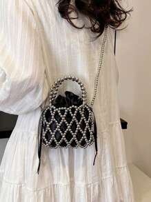 French Ladylike Handmade Woven Beaded Satchel Handbag, Pearl Decor Shoulder Crossbody Bag, Unique Small Hollow Rhombic Mesh Bucket Bag Design For Summer