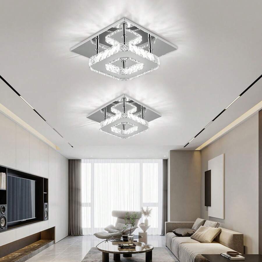 OYAJIA Modern 12W LED Ceiling Lamp / Mini Crystal Chandelier: Black / White Indoor Ceiling Light For Bedroom, Kitchen, Hallway, Office, Living Room; Chrome Crystal Pendant Finish Ideal For Living Room, Kitchen, Office, Bedroom, Dining Room Island (White Square)