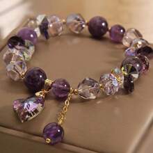 1条闪亮天然紫水晶手链，搭配立方氧化锆水晶心形吊坠，送给女性、女孩、女友的礼物，日常佩戴 - 紫色 - 查看 2