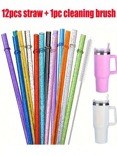 12pcs Reusable Colorful Straws With Cleaning Brushes, Suitable For 20oz-40oz Glasses, Replacement Straws, Compatible With Travel Cups, Great For Outdoor Adventure