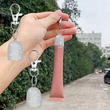 2 piezas Tapa de lápiz labial con incrustaciones de diamantes y llavero, cubierta reemplazable para brillo de labios, se puede colgar en el bolso o en las llaves