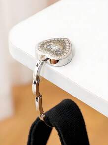 心形水钻和珍珠金属折叠式桌面挂钩、女士钱包架 - 銀色 - 查看 4