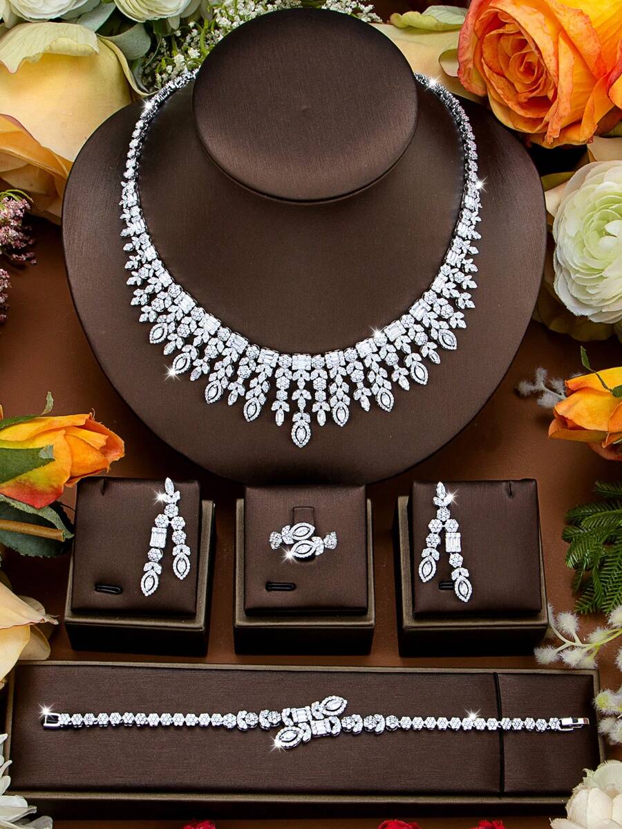 DV JEWELRY 5 件套奢华 CZ 宝石镀白金项链、手链、耳环、开口戒指首饰套装，女士优雅首饰，适合约会、派对、周年纪念，礼盒包装 - 銀色 - 查看 1