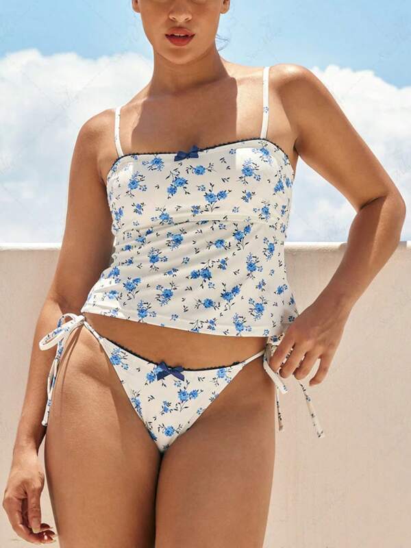 Women Swimsuit Set, Flower/Cherry Print Sleeveless Camisole With Low Waist Briefs Bathing Suit 2-Piece Bikinis