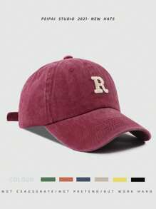 1pc Unisex Minimalist Washed Baseball Cap With R Letter Embroidery Patch, Versatile Sun Protection Snapback Hat - Baseball Cap - View 8
