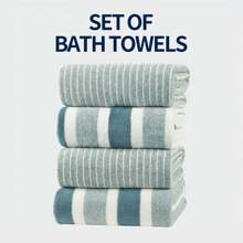 4pcs Set Of Thick, Super Soft, And Absorbent Dual-Color Striped Bath Towels In 70*140cm Size, Made Of Highly Absorbent And Quick Dry Microfiber, Vacuum Packed For Compact Storage Home Bathroom Decor Fall Decor Back To School For Beauty Salon Home Bathroom Shower Towels For Beaty Salon, Hotel Sports,Home Essentials, Towel, Skin Care Bath Towel Sheet