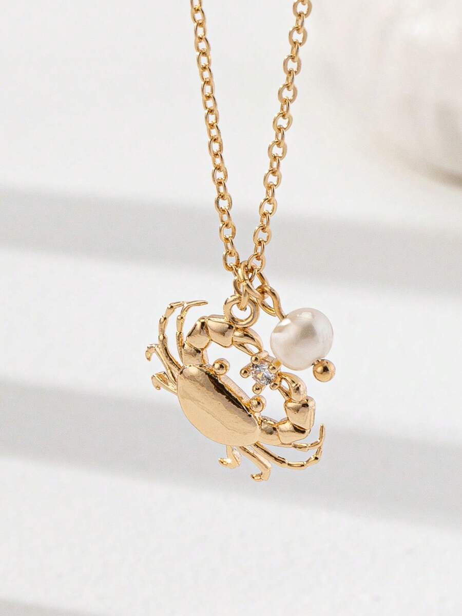 1 件夏季海滩项链淡水珍珠螃蟹吊坠项链女士波西米亚风珠宝 - 金色 - 查看 1