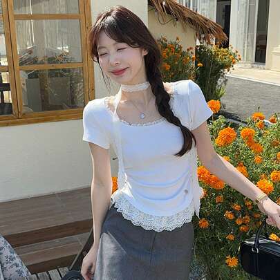 레이스 패치워크 크루넥 반팔 티셔츠, 여름 디자인 틈새 슬림핏 크롭트 탑