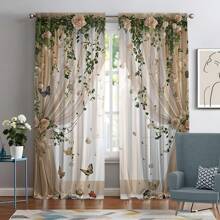 2 pièces Élégants rideaux transparents imprimés de motifs floraux, en polyester tissé, style contemporain, lavables en machine, sans tige incluse pour la chambre à coucher, le salon, le bureau