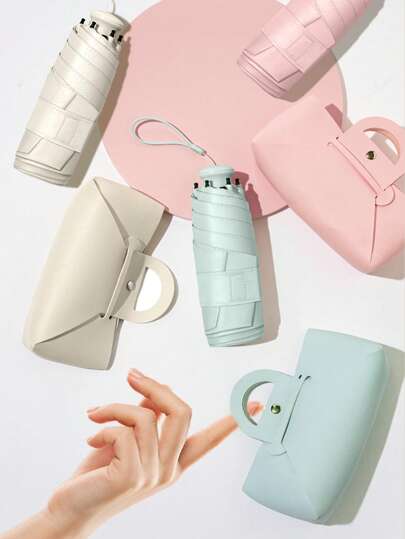 Conjunto de bolsa e guarda-chuva 1 peça, mini guarda-chuva de bolso portátil, adequado para viagens, fácil de guardar e transportar, à prova de chuva, protetor solar, guarda-chuva dobrável multifuncional resistente a UV, nova alça oculta para fácil aderência e resfriamento no verão, praia, viagens