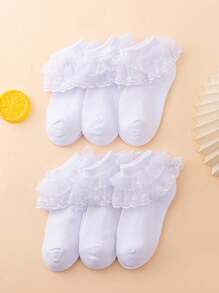 6 Pairs Kids Lace Frilly Short Socks, White, Breathable, Suitable For Spring/Summer - White - View 2