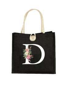 Letter Pattern Handbag Floral Print Linen Handbag Button Decorated Handbag Minimalist Large Capacity Handbag Portable Casual Storage Handbag - Black - View 13