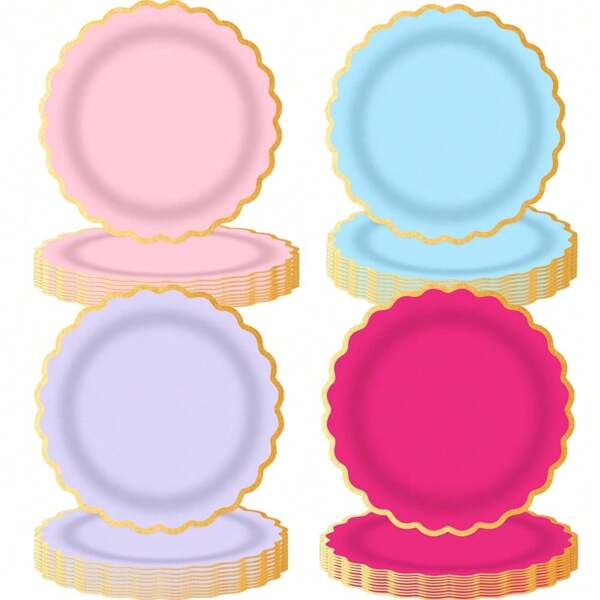 10/20/40pcs,Macaroon Pastel Scalloped Party Gold Foil Border Paper Plates Disposable Macaroon Party Plates,Colorful Gold Foil Border Party Decor Supplies Scalloped Paper Plates,Dinner Plates Pastel Rainbow Dessert Plates For Wedding Birthday Shower Party Supplies