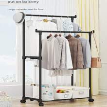 1pc Basic Floor Standing Bedroom Clothes/Pants/Shoes/Hat All-In-One Rack With Wheel, Multifunctional Drying Rack And Storage Organizer - Multicolor - View 6