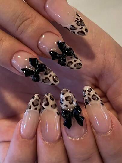 ARTAUG 10片装 XS/S/M 码法式美甲贴纸，中号杏仁形假指甲，豹纹法式黑色蝴蝶结设计，裸色自粘指甲贴纸，亮面可重复使用指甲贴纸，可爱指甲贴纸，女士美甲用品