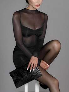 Sexy Round Neck Long Sleeve Mesh Pleated Bodycon Dress