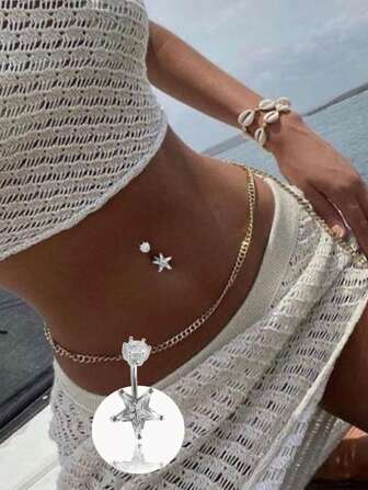 1PC S925 Sterling Silver Fashionable Cubic Zirconia Star Navel Nail, Belly Ring,Body Piercing Jewelry