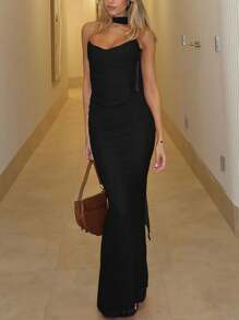 Women Summer Mesh Patchwork Crop Corset Strapless Top And Midi Skirt Two Pieces Set Bodycon Elegant Sexy Party Outfits, For Cocktail