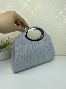 女士优雅纯色褶皱托特晚宴包，轻质涤纶磁扣，精致金属环手柄，闪亮斜挎链条肩带