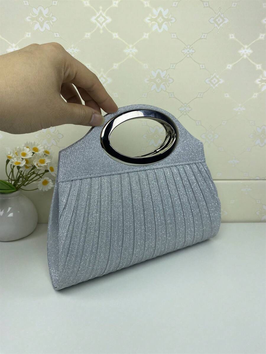 女士优雅纯色褶皱托特晚宴包，轻质涤纶磁扣，精致金属环手柄，闪亮斜挎链条肩带