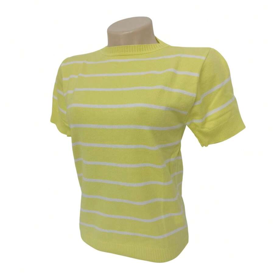 Striped Modal Blouse Short Sleeve Old Money Style Women's Fashion Spring Summer - 黃色與白色 - 查看 1