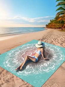 1pc New Casual Beach Style Rug Lightweight Outdoor Multipurpose Waterproof And Sand Resistant Beach Blanket With White Flower Pattern