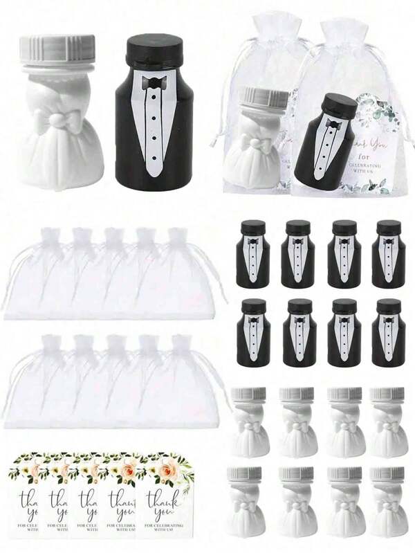 15/3 Stück Hochzeit Braut und Bräutigam Seifenblasen Flasche Dekorations Set mit Braut und Bräutigam geformter Flasche als Party Gastgeschenk mit transparenter Organzatasche und Blumen Danke Karte, Hochzeitszeremonie Seifenblasen Requisiten, Hochzeitsdekoration Zubehör, Party Gastgeschenke, geeignet für Jahrestag, Verlobung, Hochzeit, Feier, Valentinstag und Geburtstags Party Dekorationen