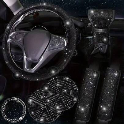 Accesorios de coche para mujer: Funda brillante para volante, Tapete brillante para portavasos, Almohadilla brillante para cinturón de , Pegatina circular para el encendido, Set de regalo de decoración interior de coche