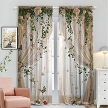 2 pièces Élégants rideaux transparents imprimés de motifs floraux, en polyester tissé, style contemporain, lavables en machine, sans tige incluse pour la chambre à coucher, le salon, le bureau