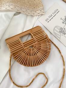 1pc Fashionable Unique Niche Asymmetrical Shaped Bag, Bamboo Woven Bag, Mini Beach Bag, Hollow Design, Interesting Gift, Personalized Strap, Asymmetrical Handheld, Daily Use, Beach Holiday, Shoulder Bag Crossbody, Beaded Long Strap, Women Handbag - Khaki - View 3