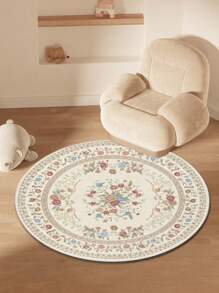 1pc Vintage Floral Round Rug, Bohemian Style Decorative Rug, Durable & Lightweight Polyester Fiber Carpet For Living Room Sofa Bedroom Home Decor, Holiday Decorative Rug