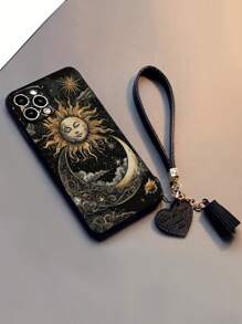 1 pieza Funda protectora de teléfono con borde perforado en forma de luna negra, diseño 3D resistente a golpes, con un nuevo diseño de cordón con forma de corazón como accesorio de teléfono DIY, con borla corta pendiente de la muñeca